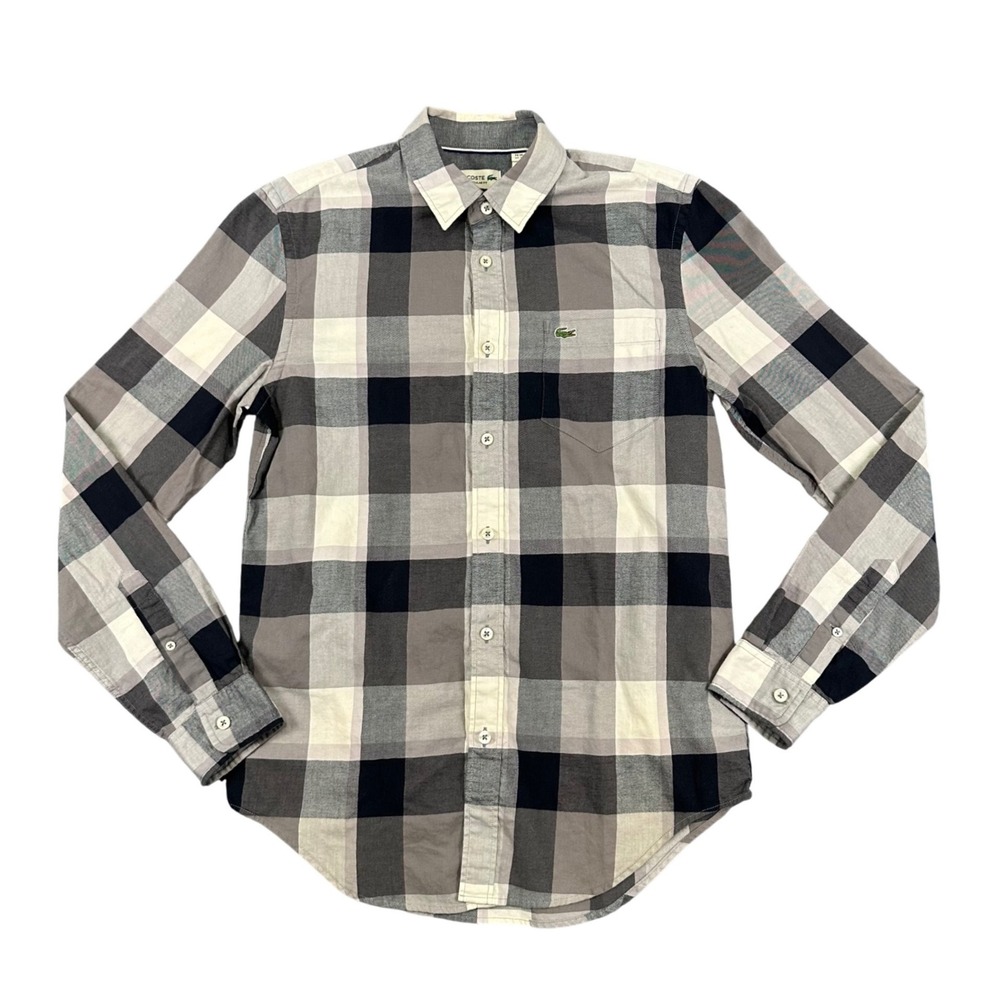 Lacoste Button Down Shirt Mens Small Regular Fit Gray Plaid Long Sleeve Preppy